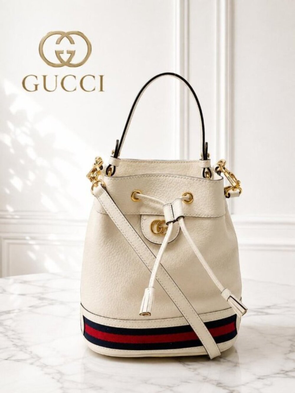 Authentic Gucci Web Stripe White Leather Bucket Shoulder Bag